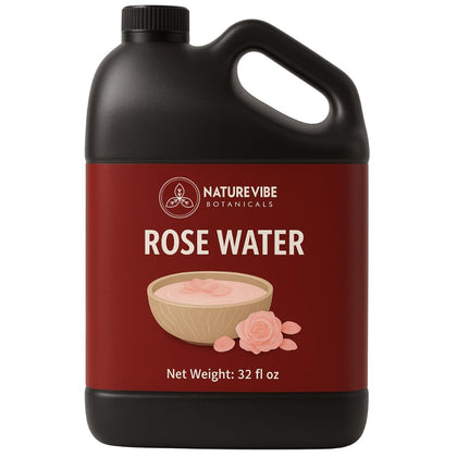 Naturevibe Botanicals front packaging of 32 oz rose water showing product benefits
