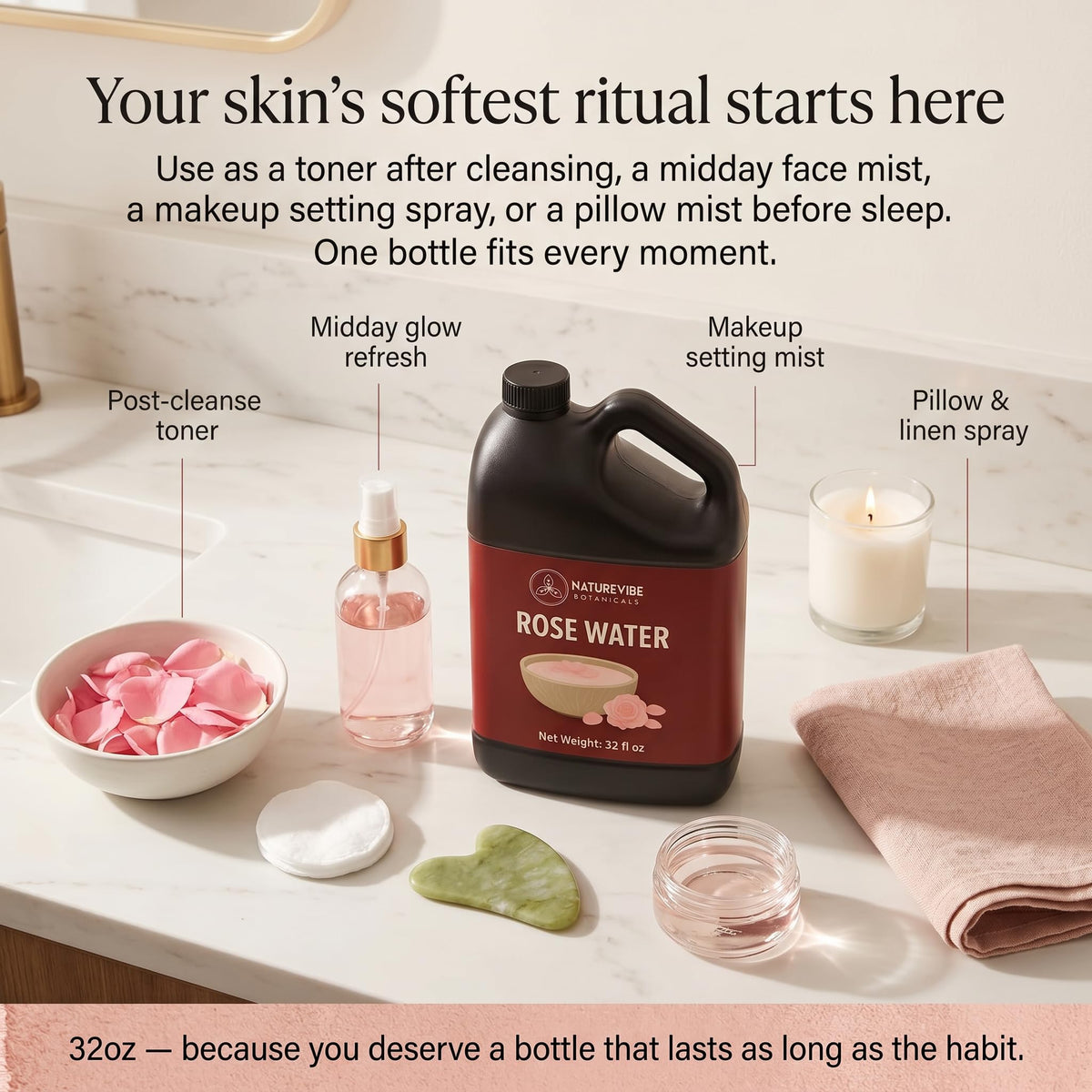 Naturevibe Botanicals spraying rose water into hair to add shine and tame flyaways