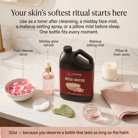 Naturevibe Botanicals spraying rose water into hair to add shine and tame flyaways
