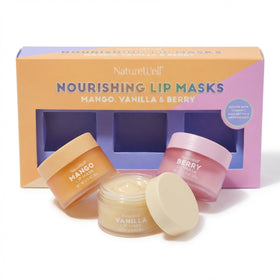 NatureWell pack front view showing all three scented lip masks and benefits