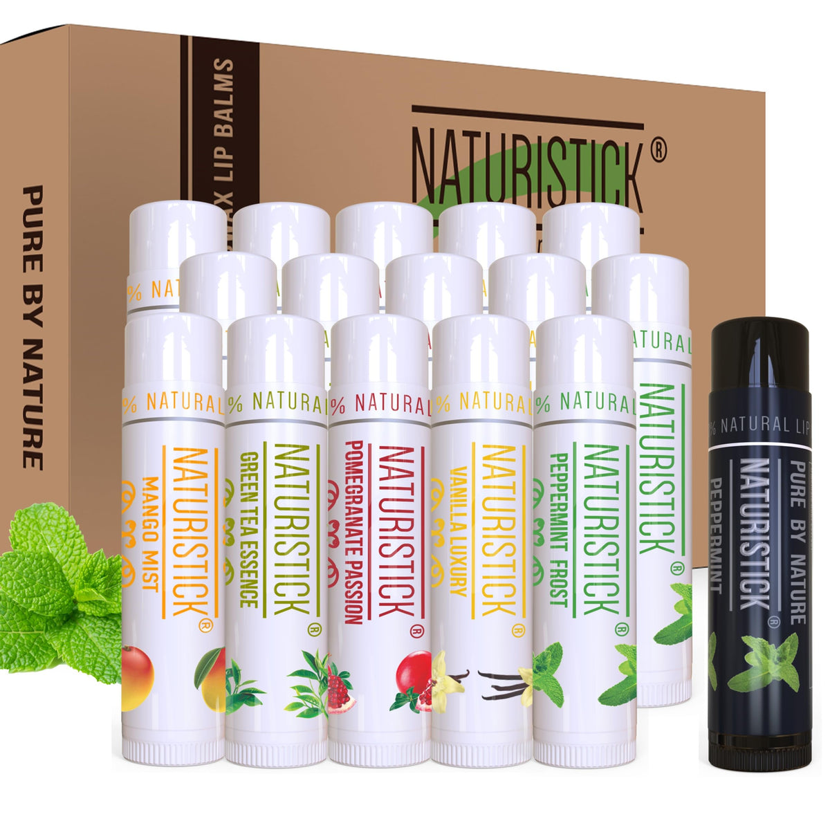 Naturistick front packaging showing 16-pack variety and storage convenience