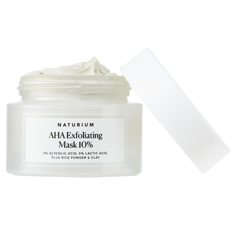 Naturium front packaging of AHA Exfoliating Mask highlighting benefits
