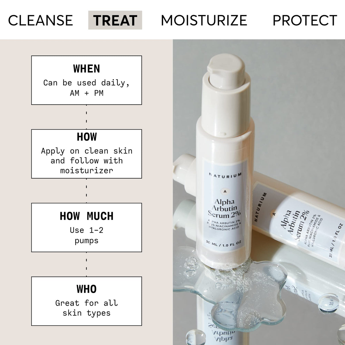 Naturium serum drop on skin demonstrating lightweight texture and fast absorption