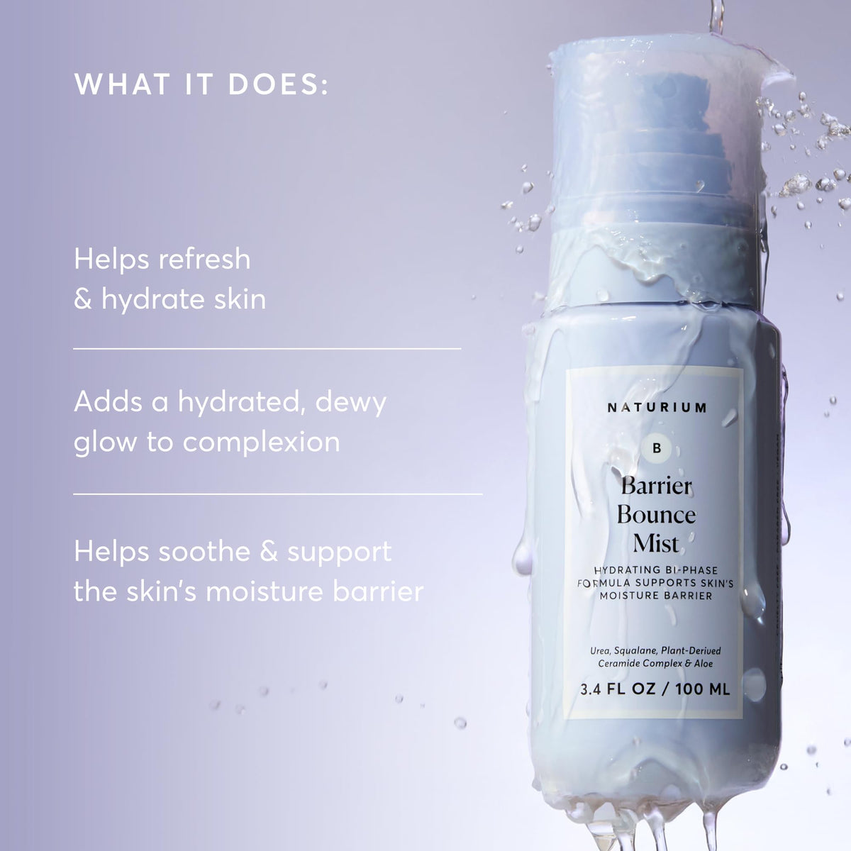 Naturium fine mist spray dispersing across skin to show ultra-fine application and quick absorption