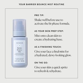 Flatlay of Naturium Barrier Bounce Mist with key ingredient icons like urea and squalane, ingredient clarity