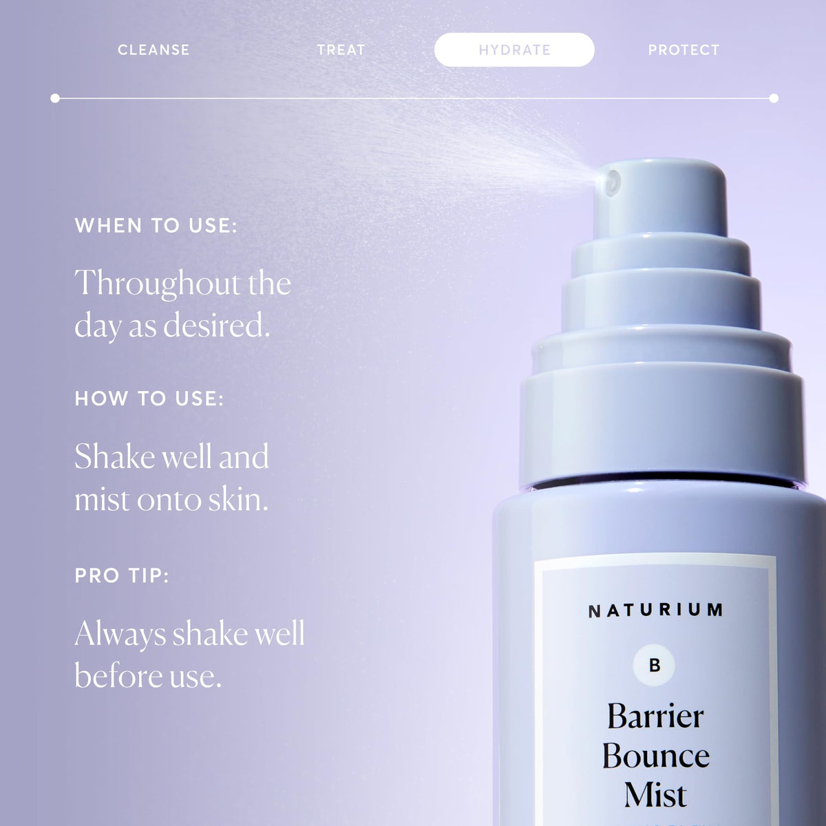 Close-up droplet of Naturium mist texture on fingertip demonstrating lightweight hydration