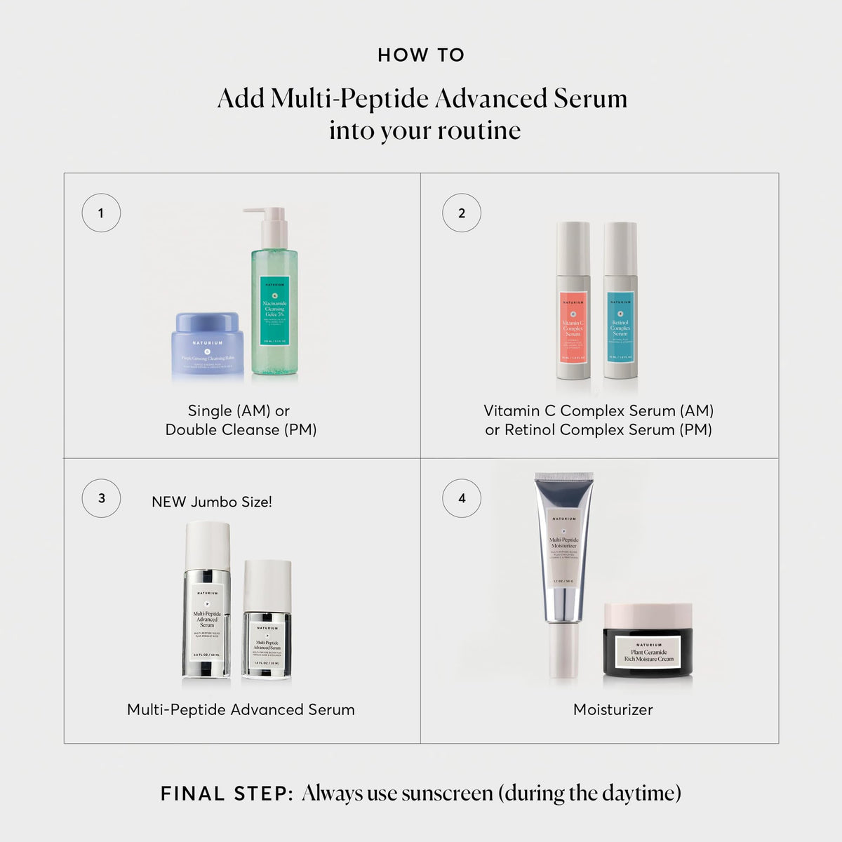 Naturium bottle beside moisturizer and SPF showing layering routine