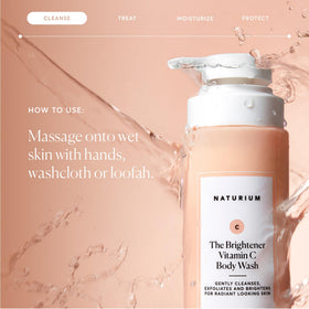 Naturium bottle placed beside a loofah suggesting daily use and gentle exfoliation benefit