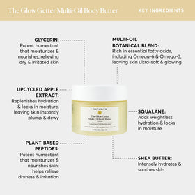 Naturium product beside ingredient bottles, showing botanical oil blend benefits