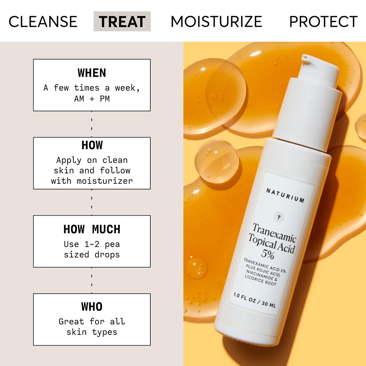 Naturium label close-up listing tranexamic 5% and actives, emphasizes ingredient transparency