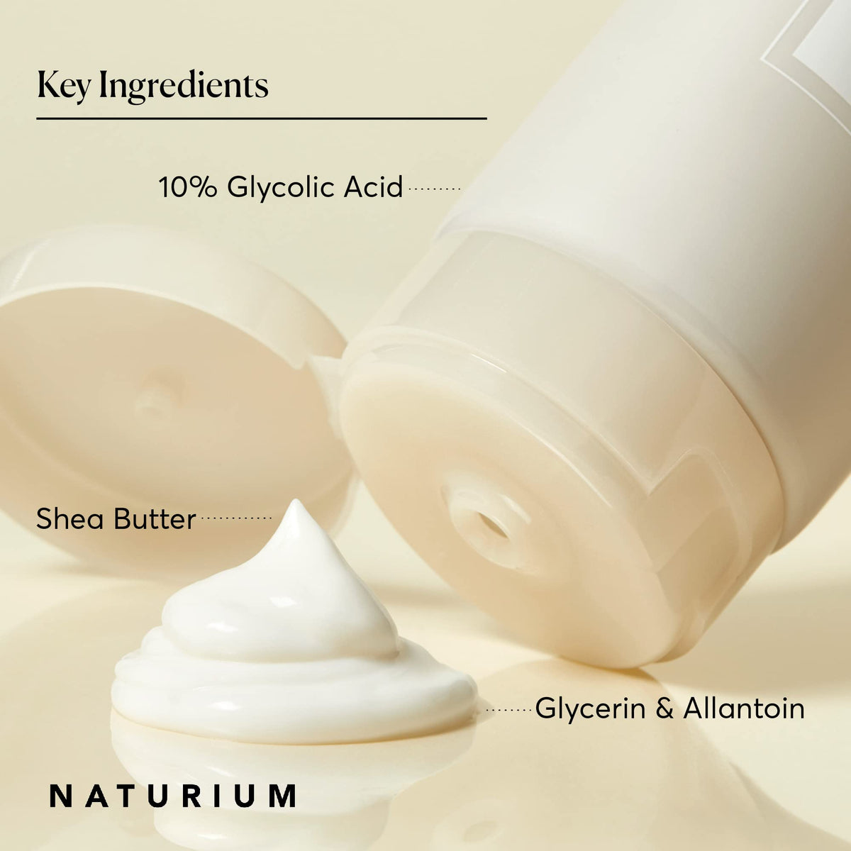 Naturium ingredient label showing glycolic acid and shea butter for transparent formulation benefit