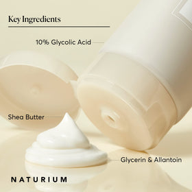Naturium ingredient label showing glycolic acid and shea butter for transparent formulation benefit