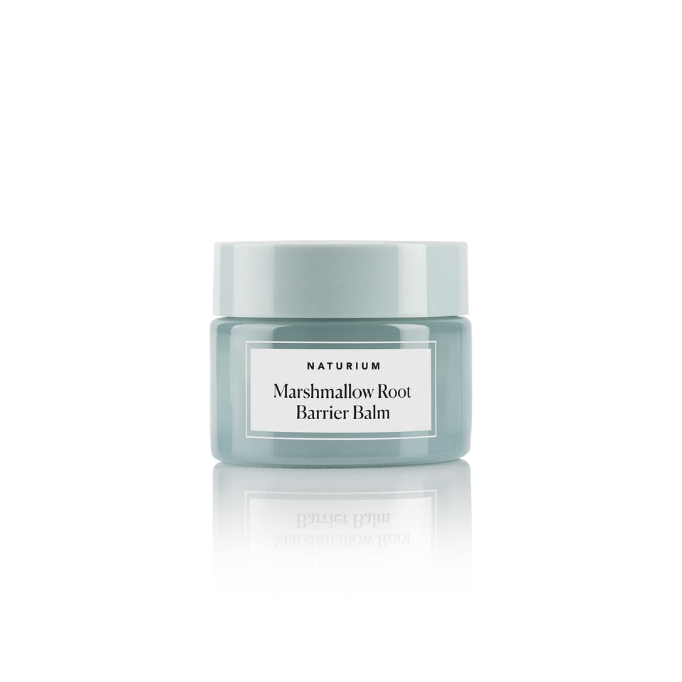 Naturium front packaging of marshmallow root barrier balm showing jar and label, displays product clarity and trust