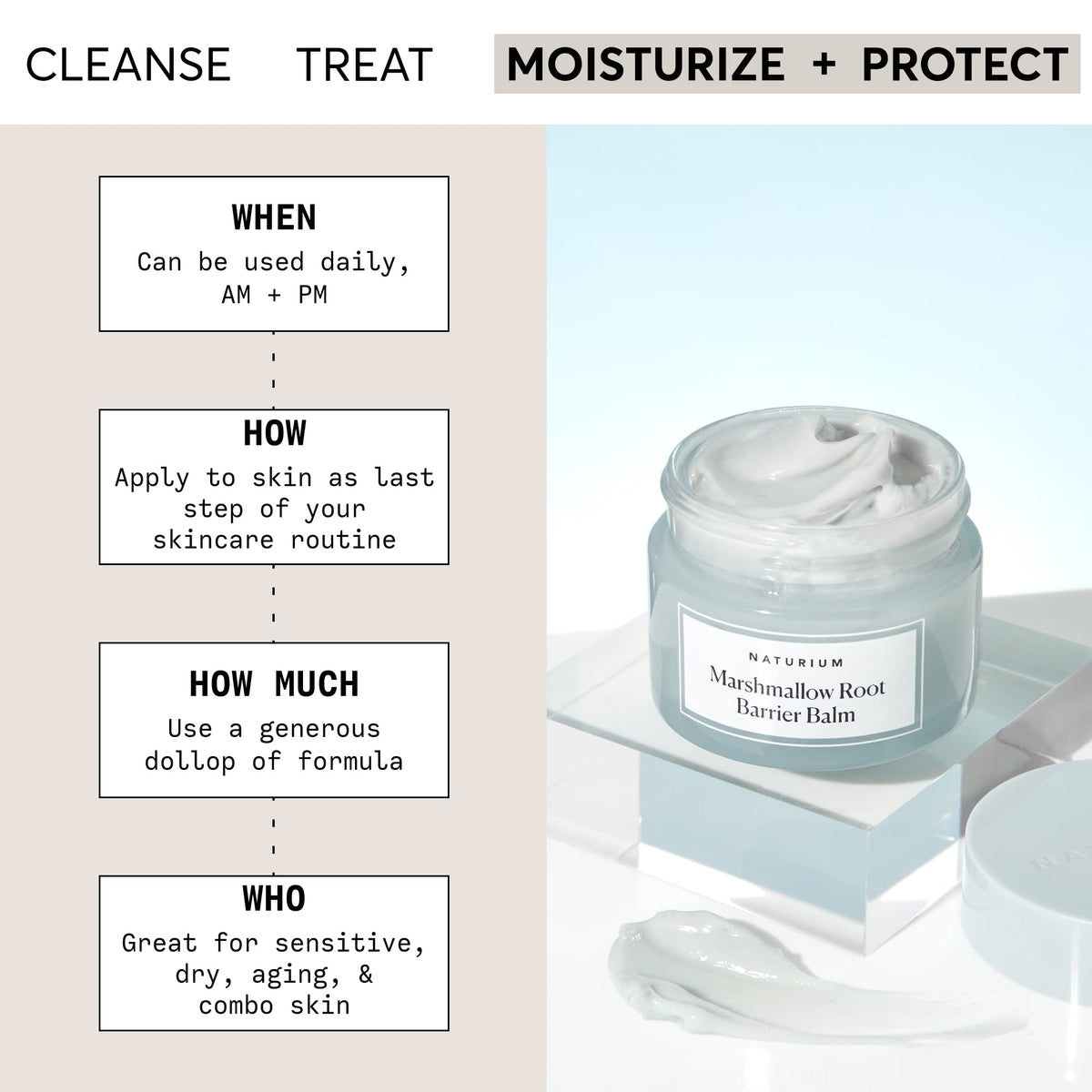 Naturium close-up of balm texture on fingers demonstrating rich emollient feel and immediate hydrating benefit