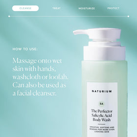 Naturium body wash in use in shower demonstrating gentle cleansing