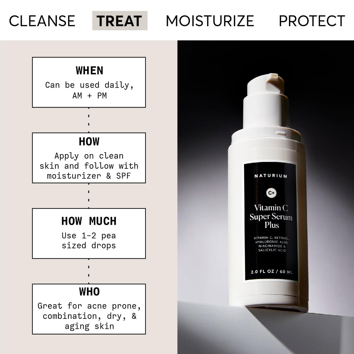 Naturium label closeup displaying active ingredients and benefits