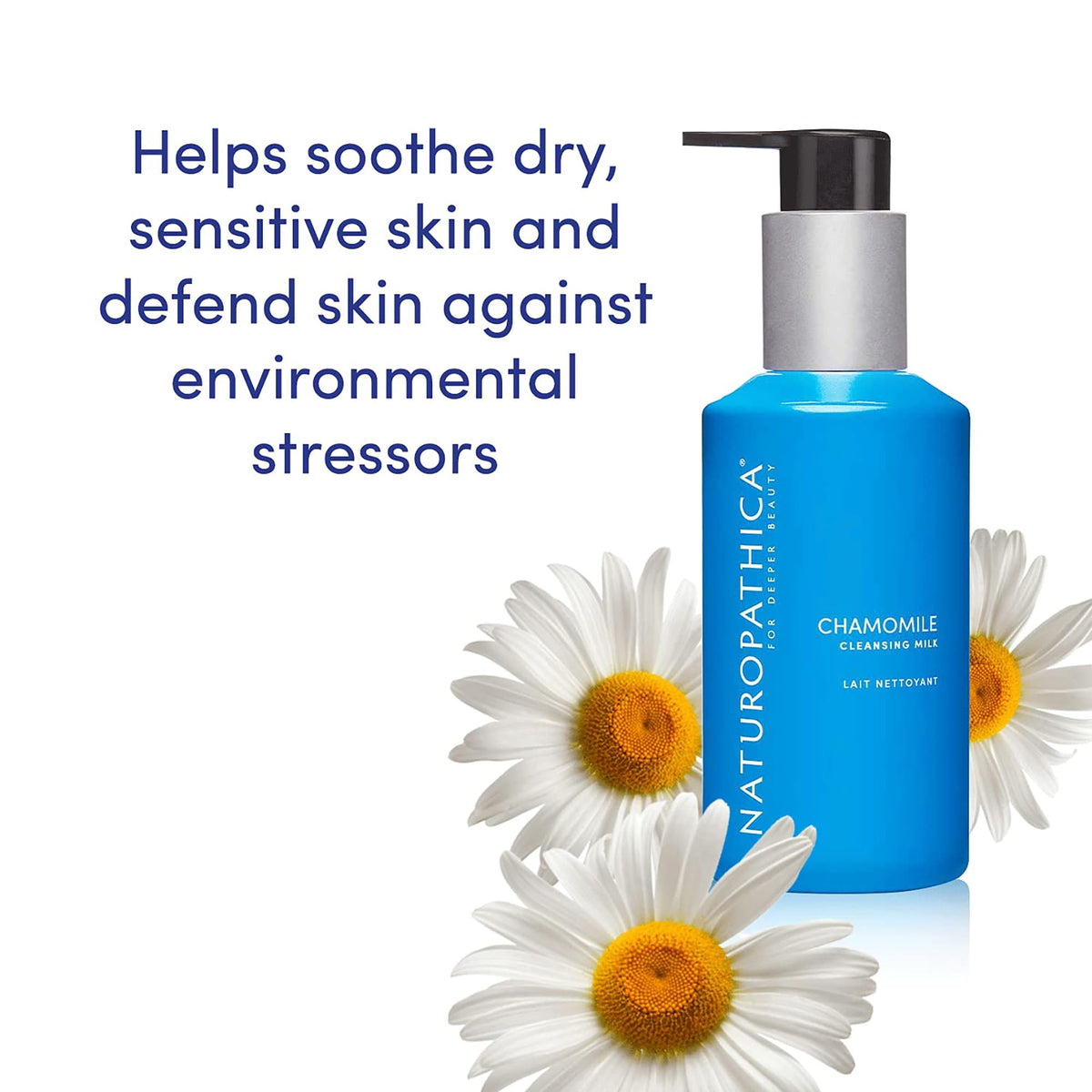 Naturopathica bottle beside chamomile flowers showing soothing botanical source