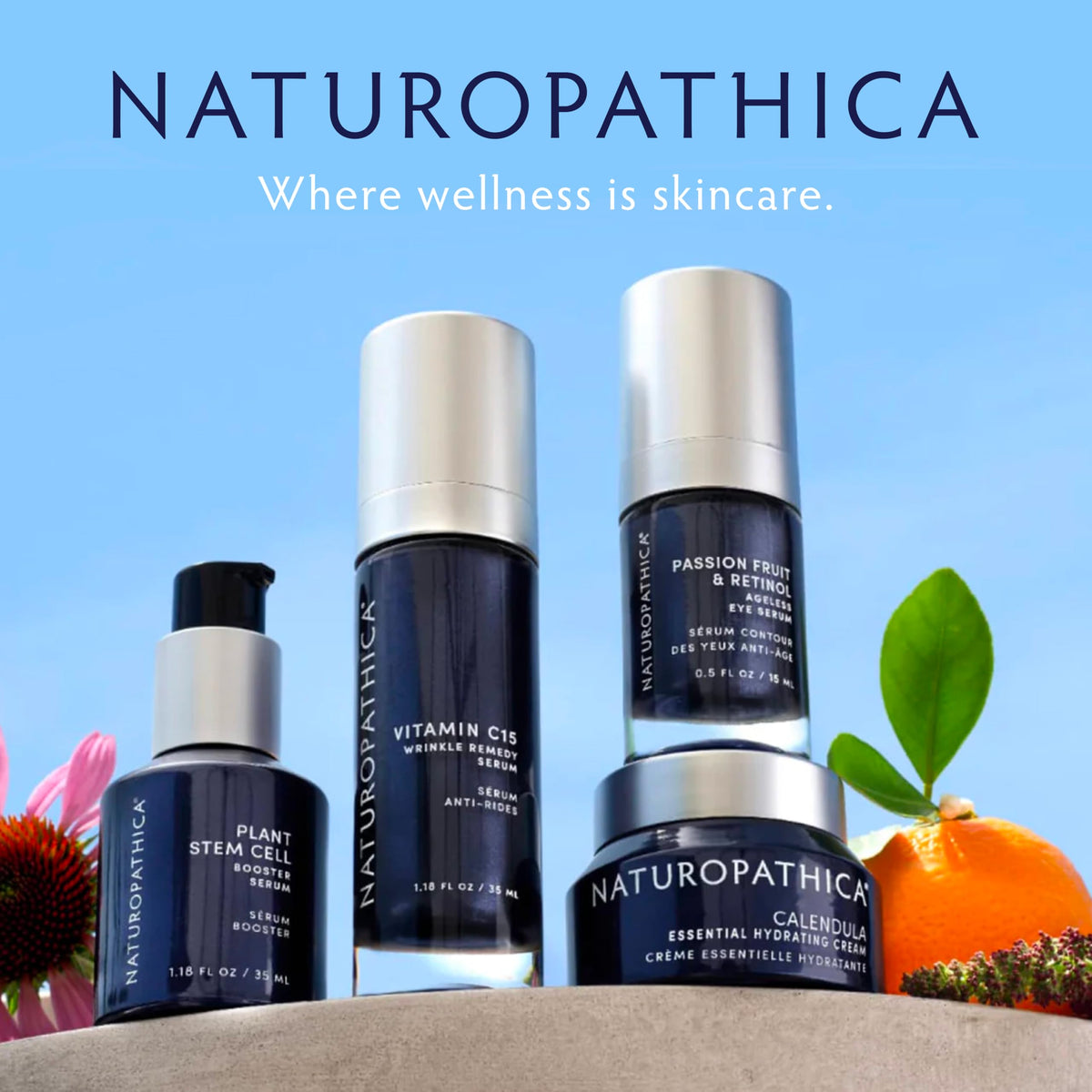 Naturopathica oil on vanity with towel showing calming ritual and soothing benefit