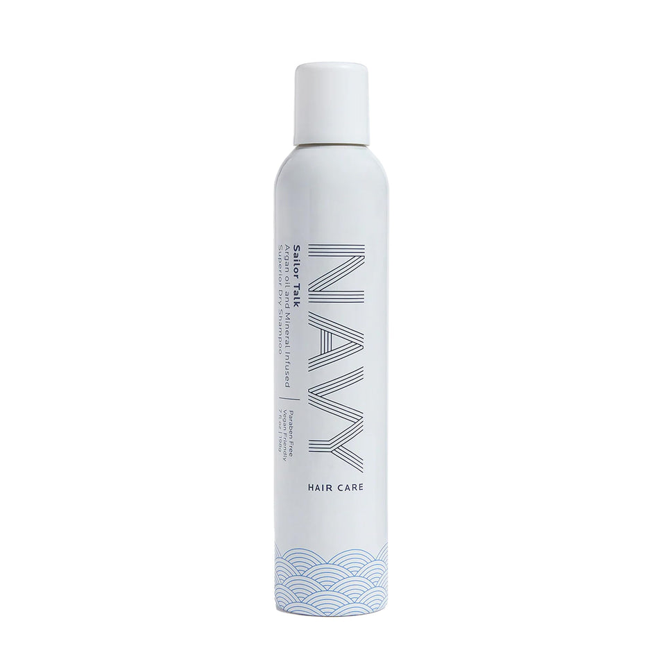 NAVY HAIR CARE front packaging showing label and 7 oz can for easy identification and portability