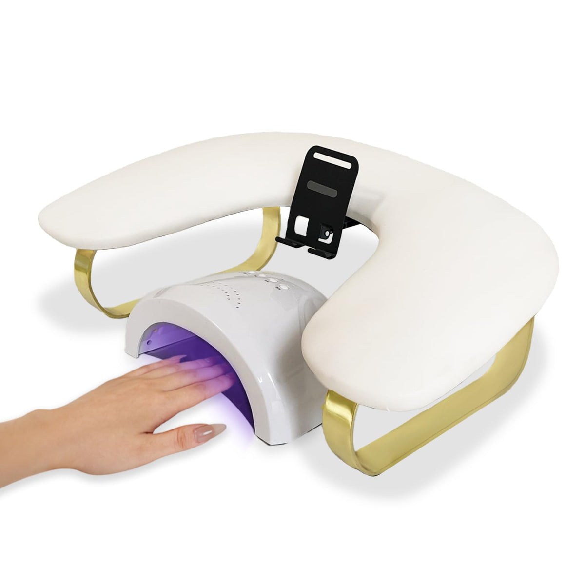 NAXYOO front view of white arm rest showing phone holder and comfort