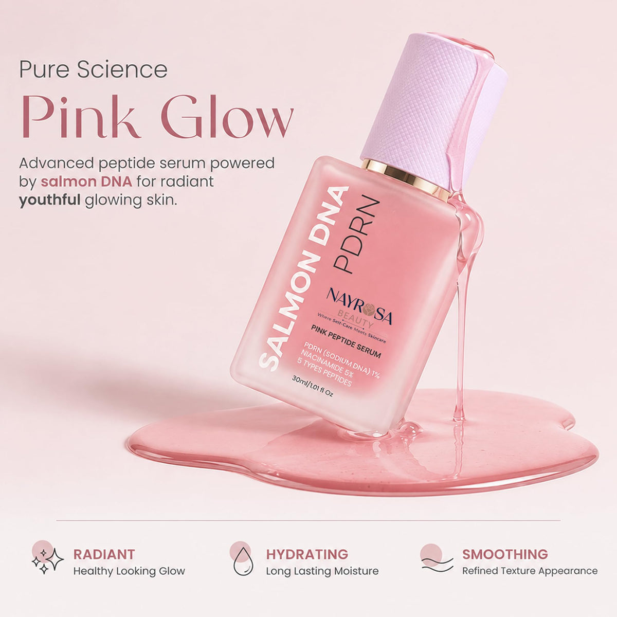 NAYROSA pink serum texture on skin, demonstrates lightweight hydrating finish