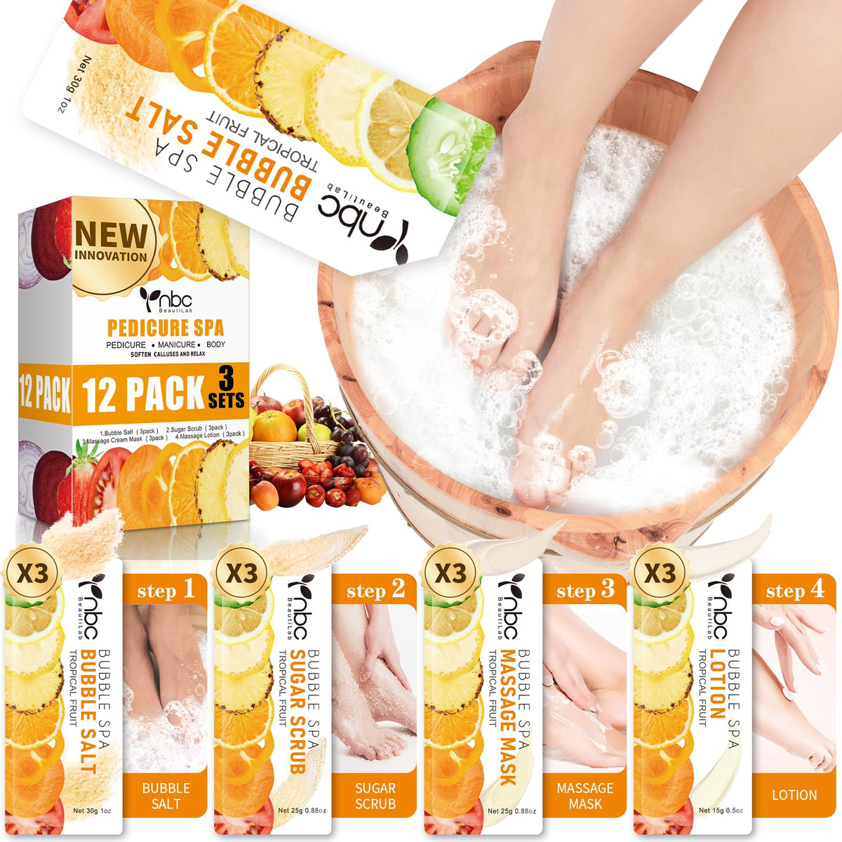 nbc BeautiLab front packaging showing the complete four-step foot soak set and easy-home spa benefits