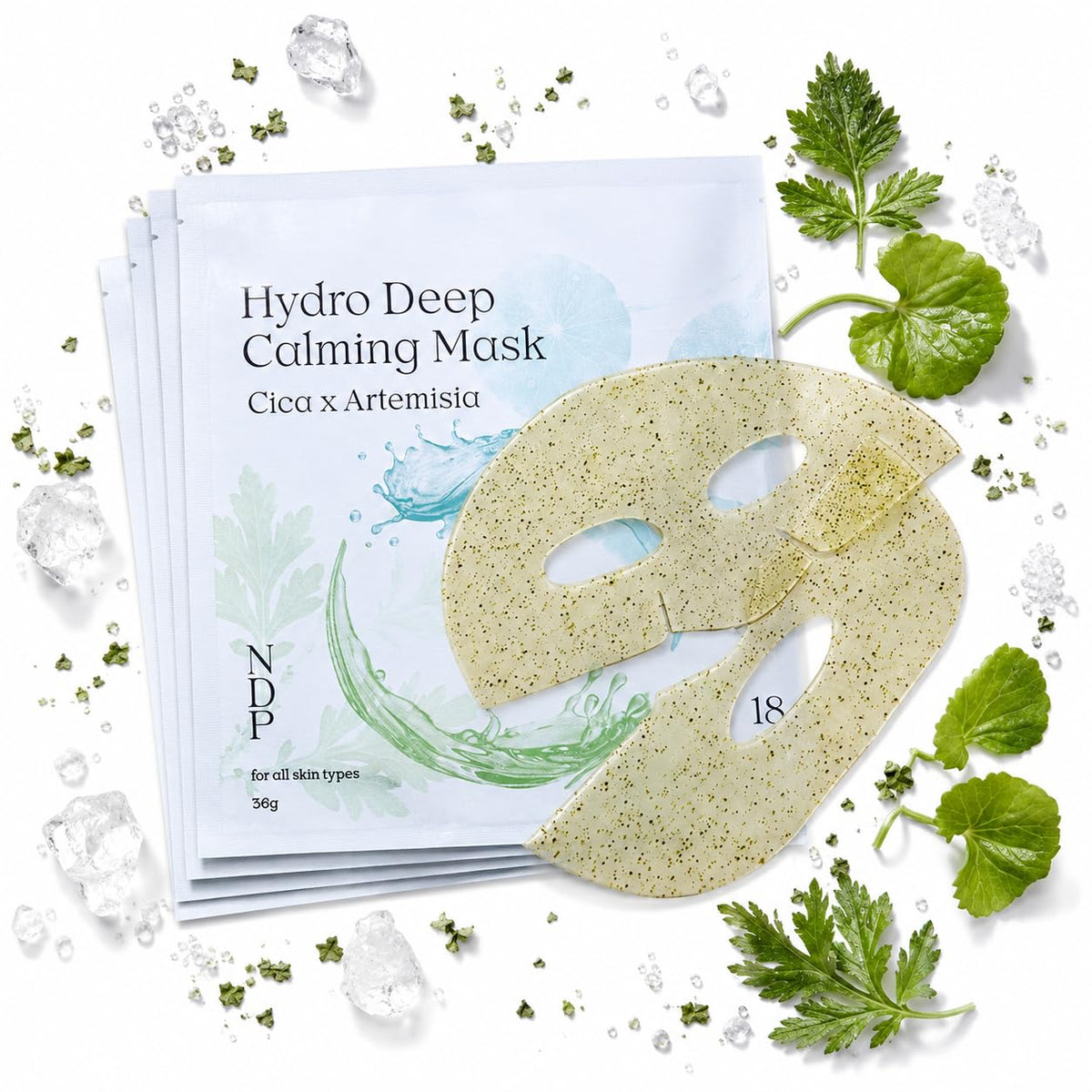 NATURAL DERMA PROJECT front packaging showing four cooling hydrogel sheets and benefits