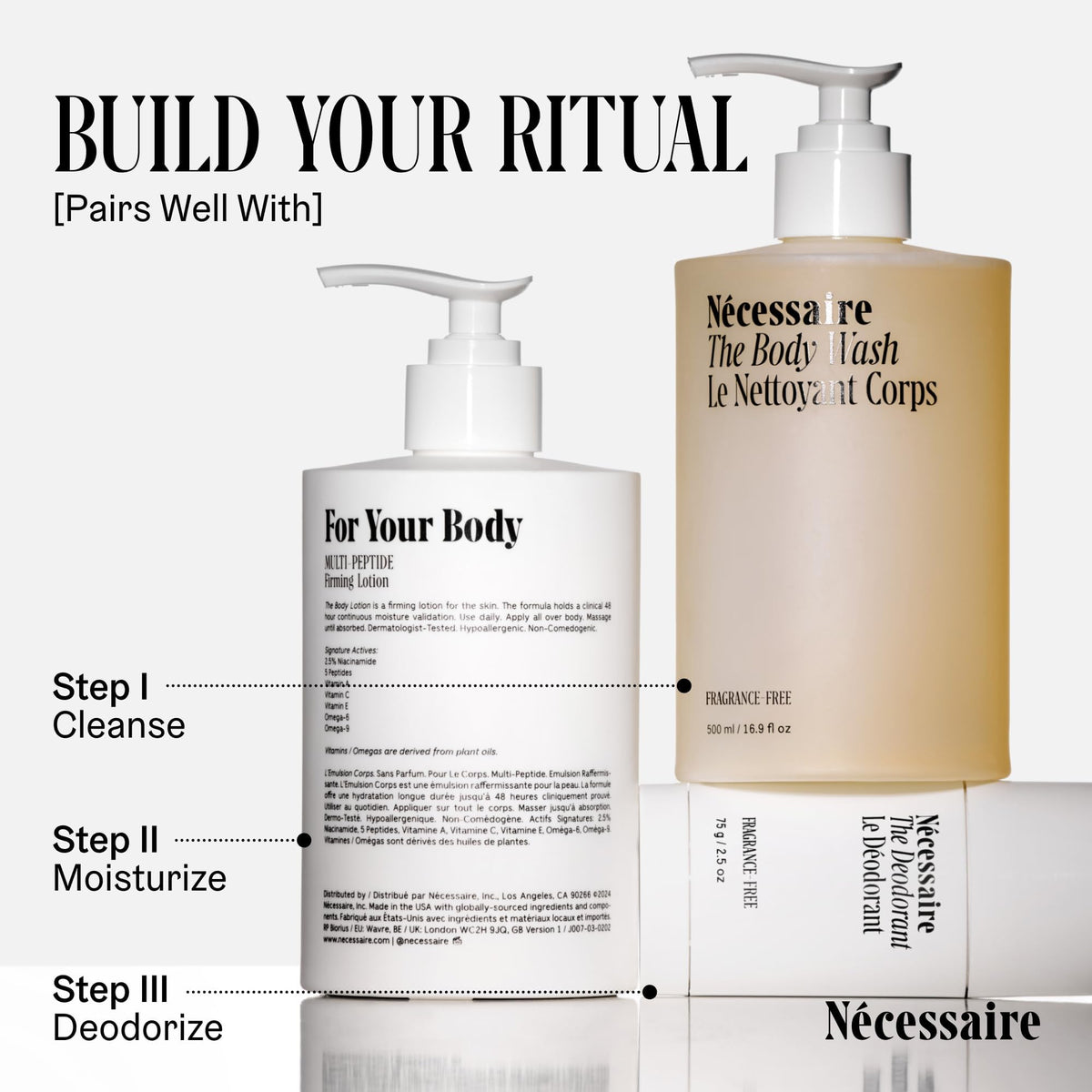 Nécessaire bottle staged on bathroom shelf suggesting seamless addition to routine