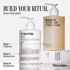 Nécessaire bottle staged on bathroom shelf suggesting seamless addition to routine