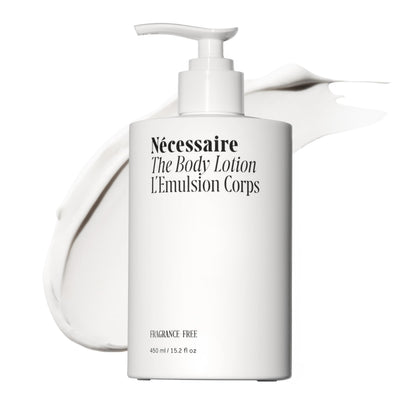 Nécessaire front view of 450ml pump bottle showing clean label and product benefit