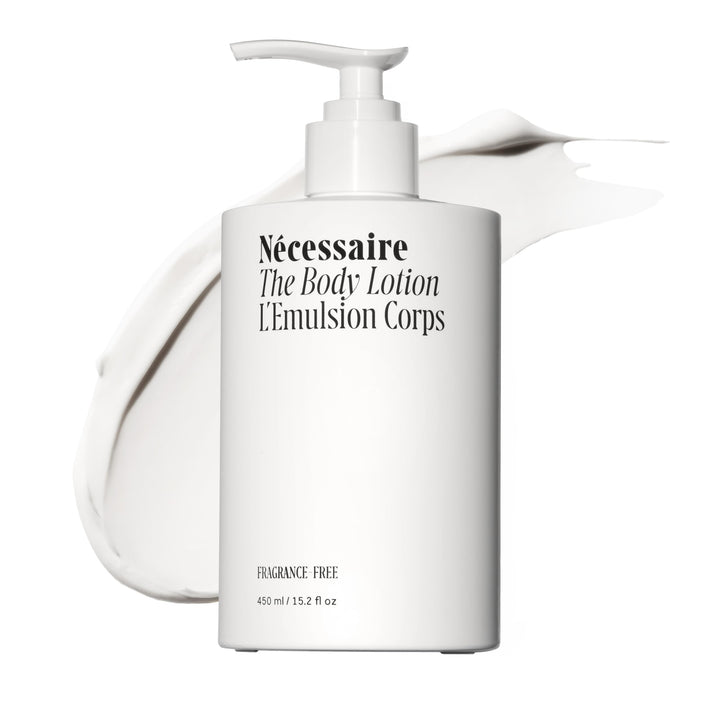Nécessaire front view of 450ml pump bottle showing clean label and product benefit