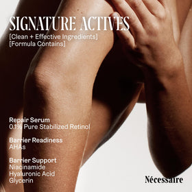 Nécessaire applying serum to arm demonstrating easy spread and smoothing benefit