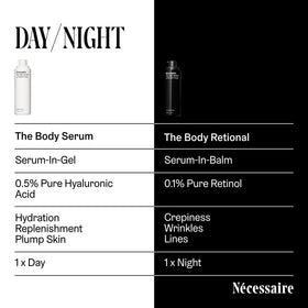 Nécessaire bottle next to towel showing routine-ready convenience