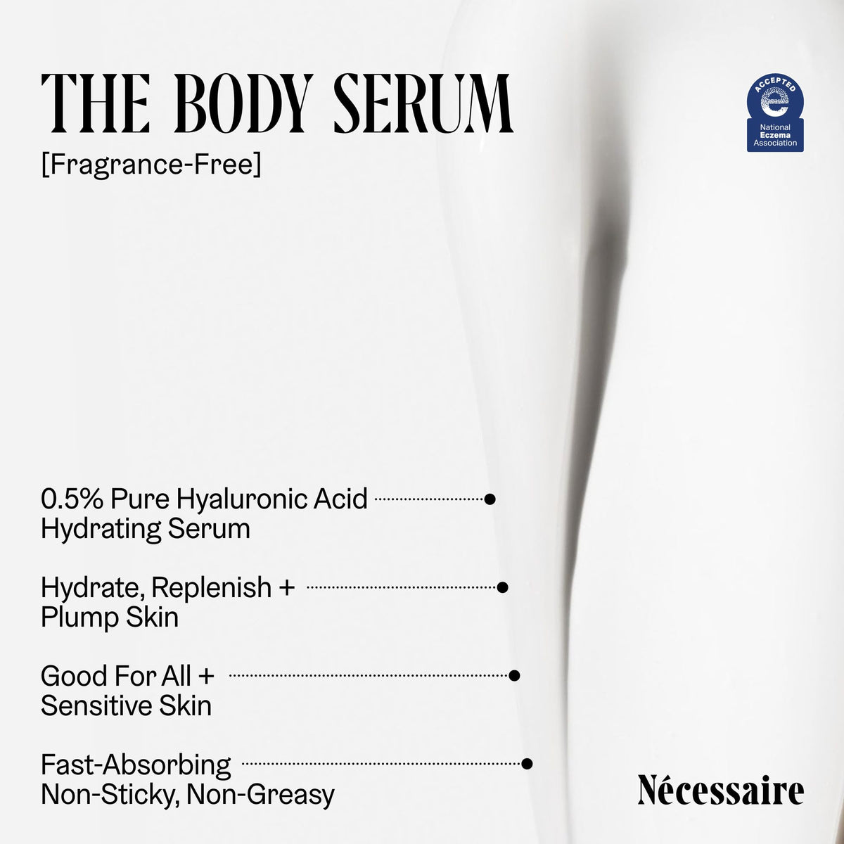 Nécessaire close-up ingredient list showing hyaluronic and niacinamide benefits