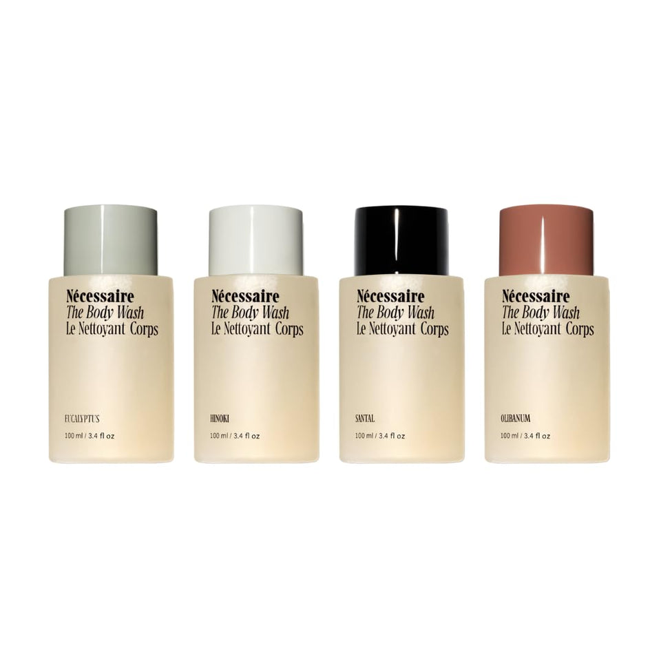 Nécessaire front packaging of discovery set showing four travel bottles benefit sampling