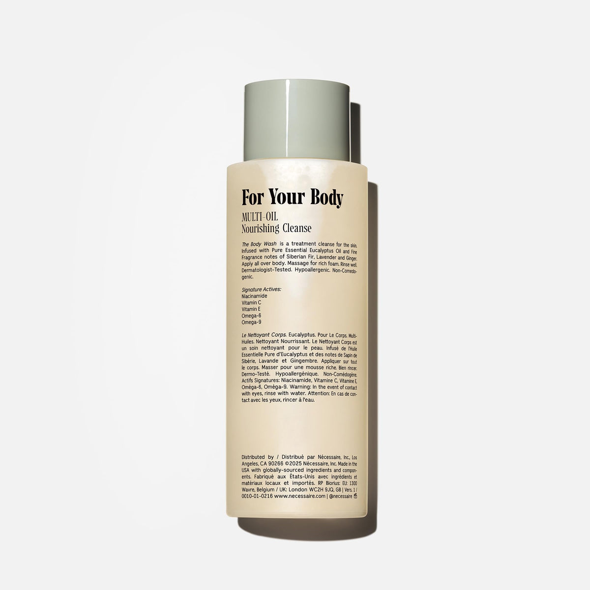 Nécessaire label close-up highlighting ingredients and gentle surfactants benefit