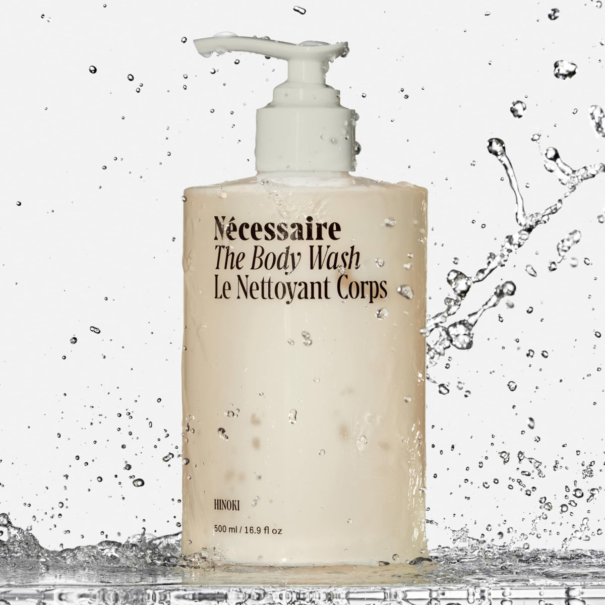 Nécessaire pump dispensing body wash demonstrating convenient pump and controlled use