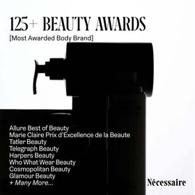 Nécessaire bottle with towel in bathroom showcasing a calming routine