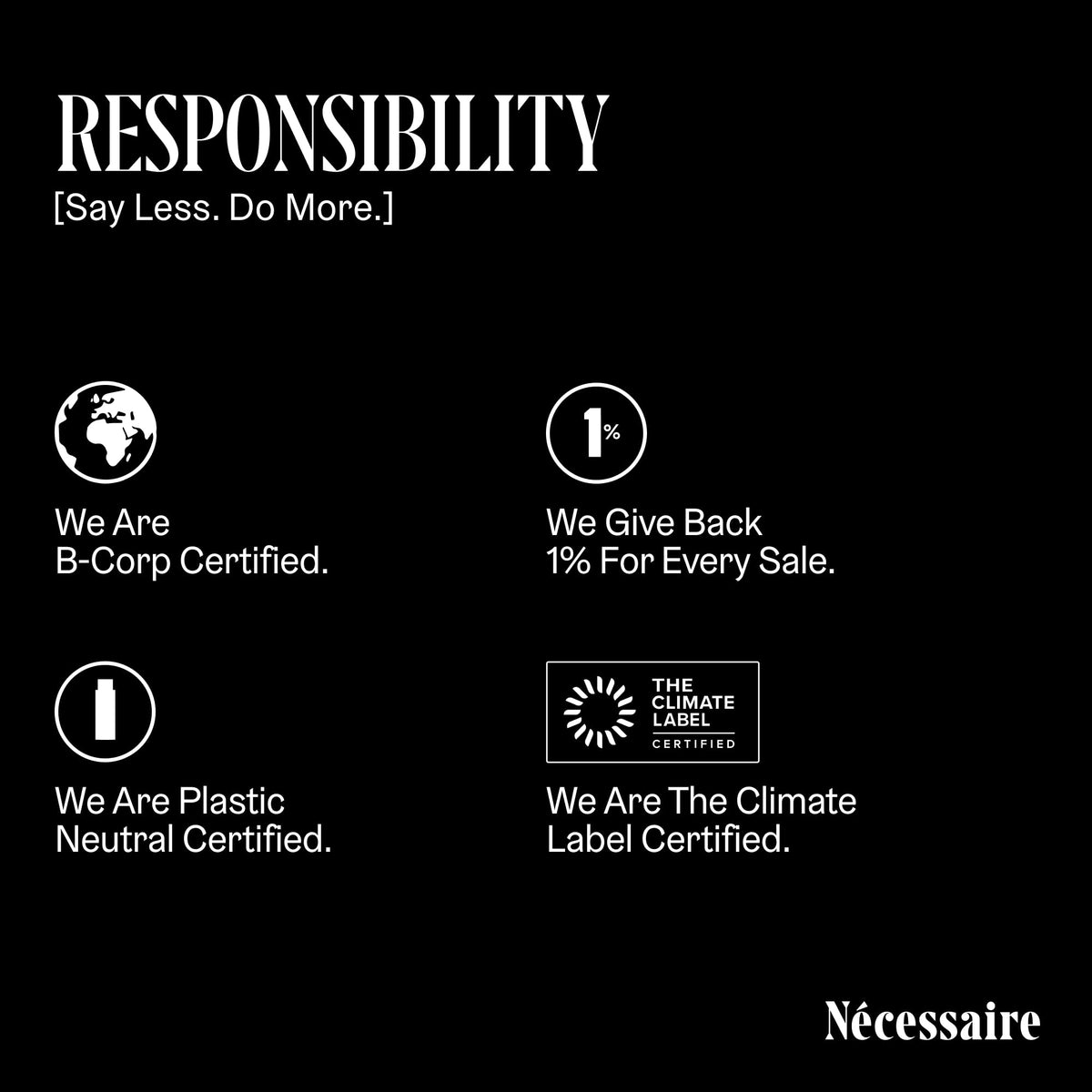 Nécessaire certification badges close-up, emphasizes B Corp and climate commitments