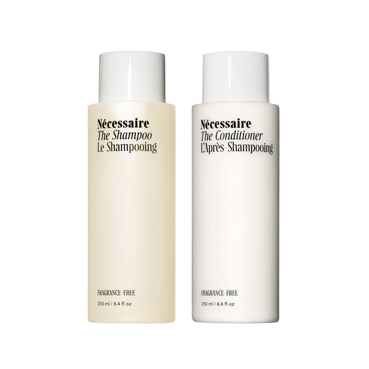 Nécessaire hair duo front packaging shows both bottles and benefits