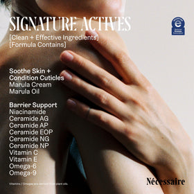 Nécessaire being applied to hands, shows immediate smoothing and hydration benefits