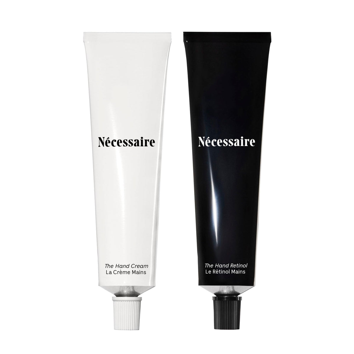Nécessaire front packaging shows both hand care tubes and clear benefits