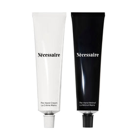 Nécessaire front packaging shows both hand care tubes and clear benefits