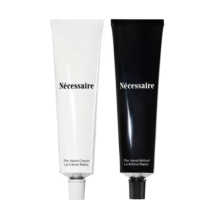 Nécessaire front packaging shows both hand care tubes and clear benefits