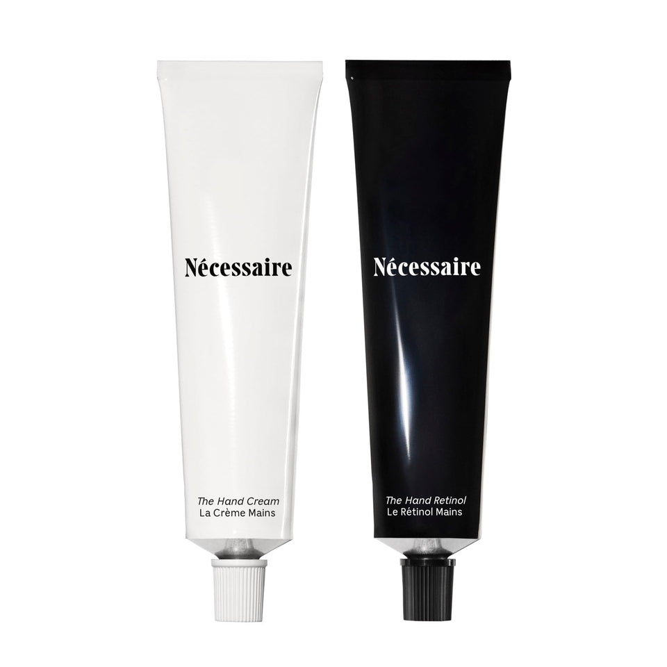 Nécessaire front packaging shows both hand care tubes and clear benefits