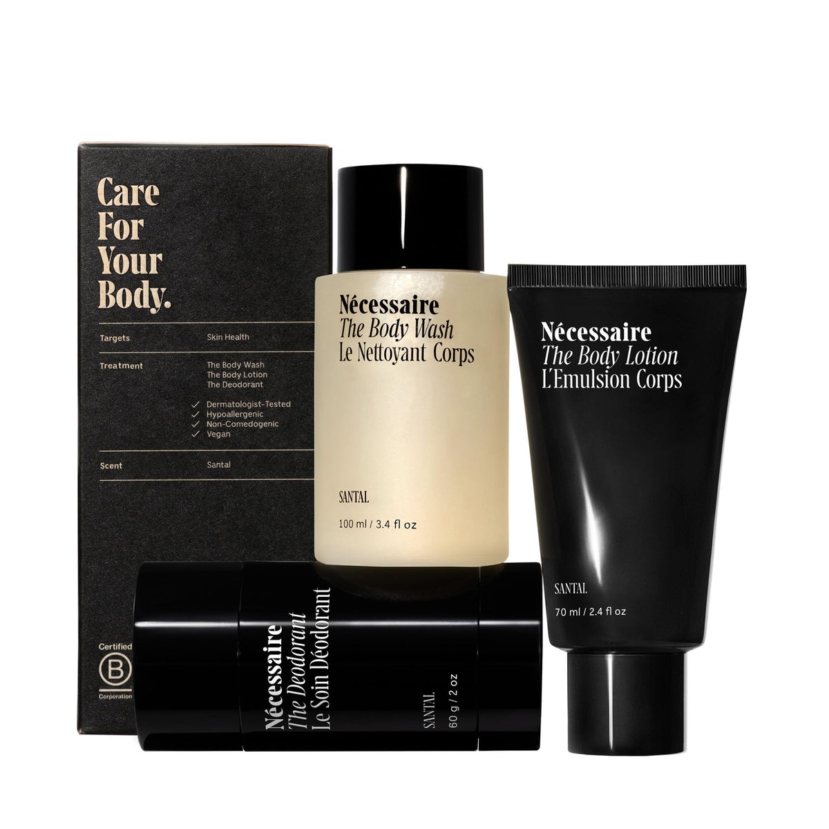 Nécessaire front packaging showing travel-sized Santal trio, convenient for trips