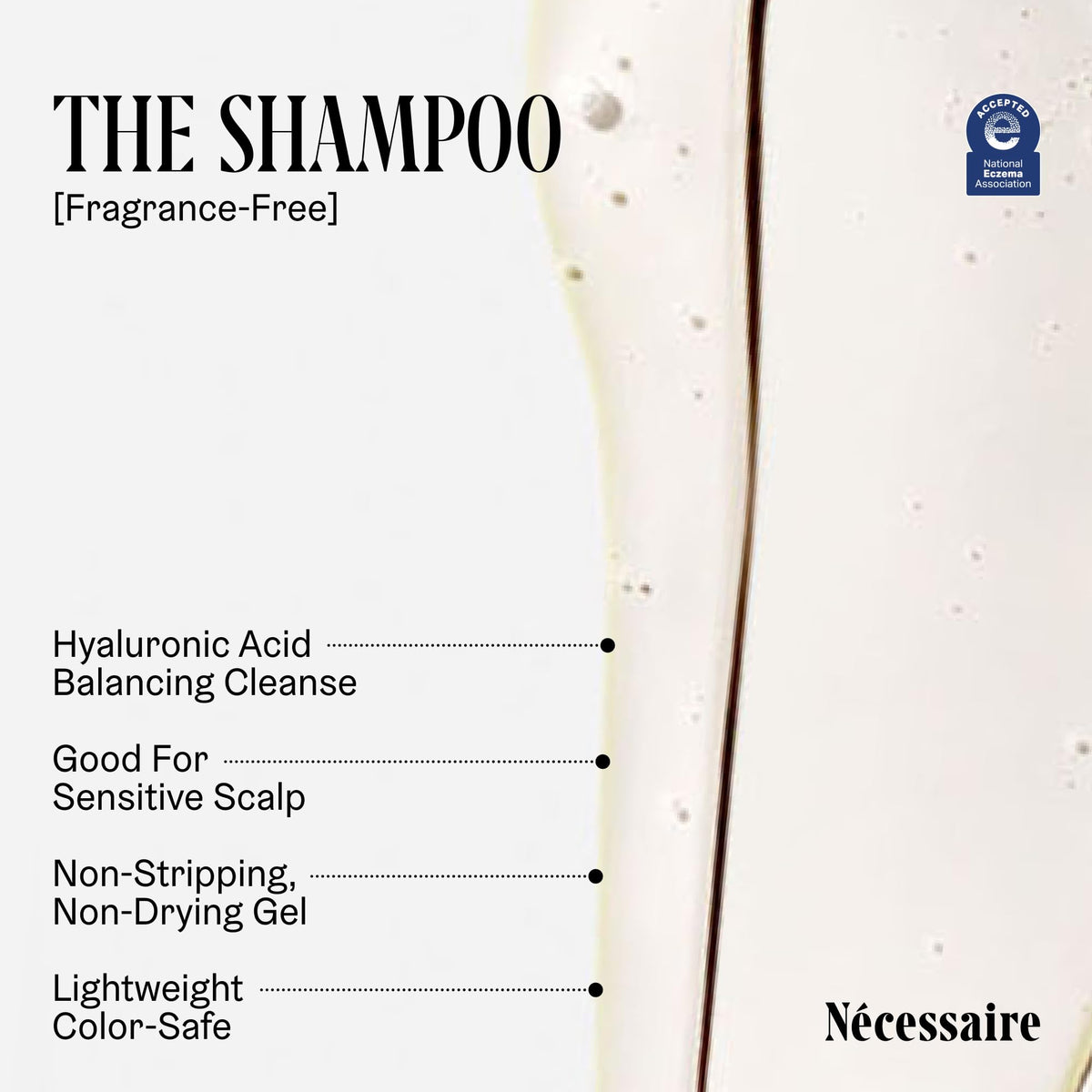 Nécessaire label detail showing ingredient callouts and eczema-safe badge