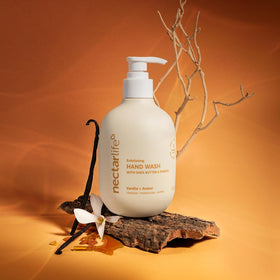 Nectar Life pump dispensing foam illustrating creamy lather and softening benefit