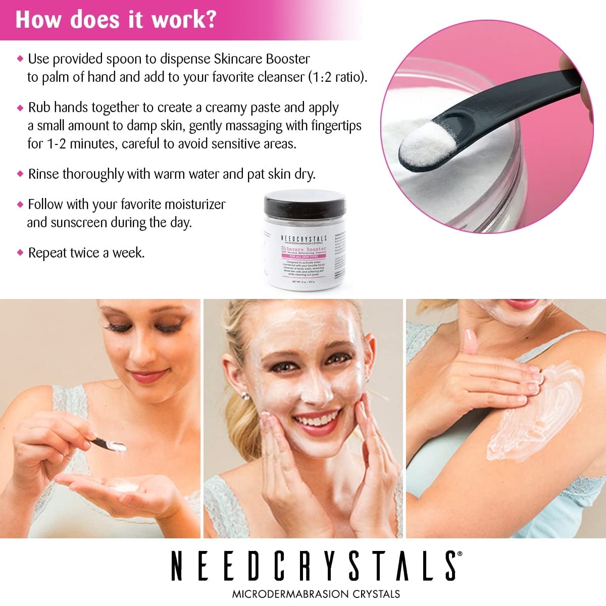 NeedCrystals grains on skin highlighting texture smoothing benefit after gentle massage