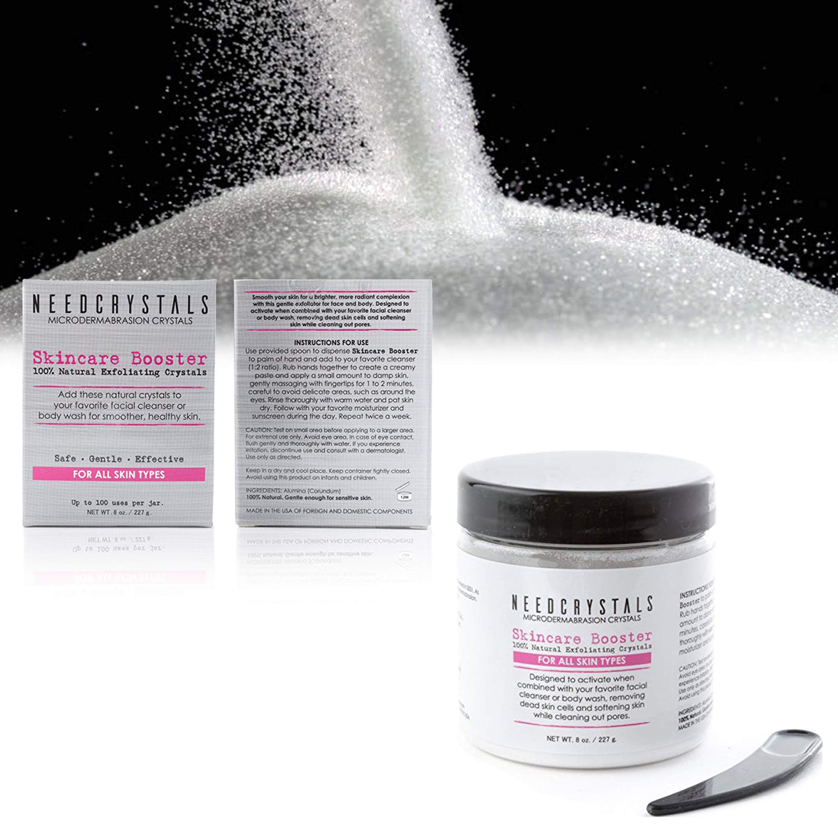 NeedCrystals being gently rubbed on cheek to reveal smoother skin